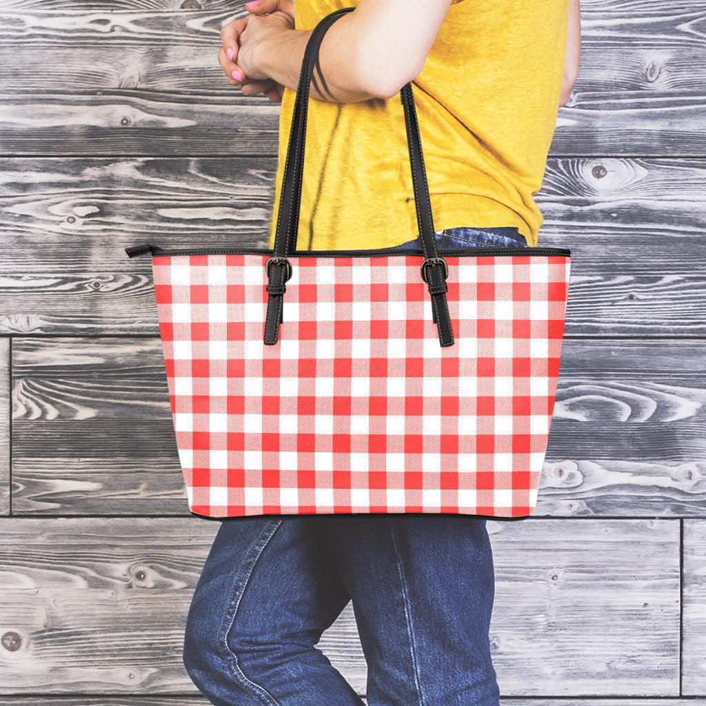 Red And White Buffalo Check Print Leather Tote Bag