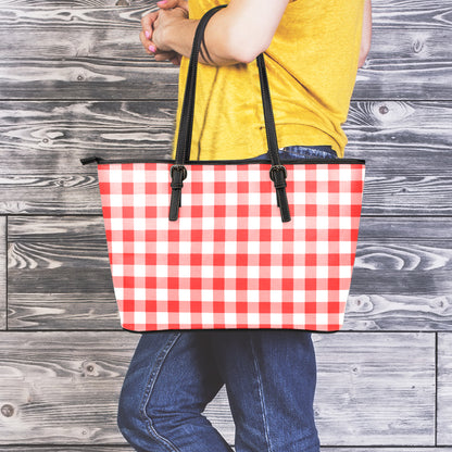 Red And White Buffalo Check Print Leather Tote Bag