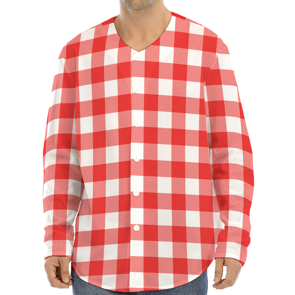 Red And White Buffalo Check Print Long Sleeve Baseball Jersey