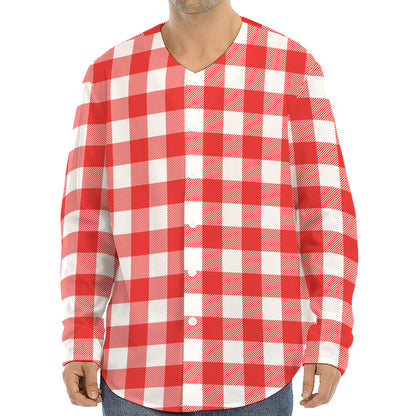 Red And White Buffalo Check Print Long Sleeve Baseball Jersey