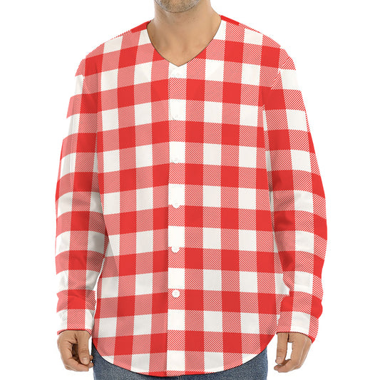 Red And White Buffalo Check Print Long Sleeve Baseball Jersey