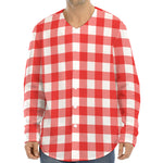 Red And White Buffalo Check Print Long Sleeve Baseball Jersey