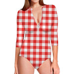 Red And White Buffalo Check Print Long Sleeve Swimsuit