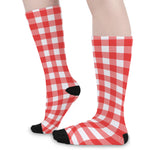 Red And White Buffalo Check Print Long Socks
