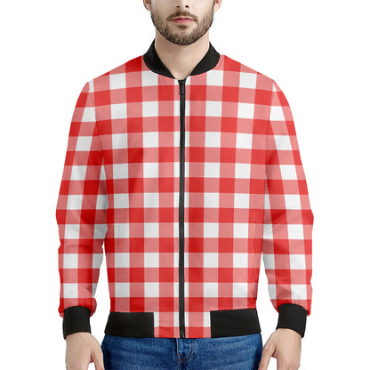 Red And White Buffalo Check Print Men's Bomber Jacket