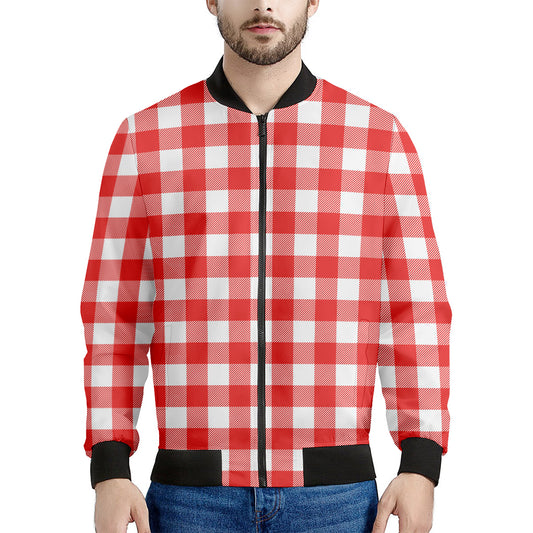 Red And White Buffalo Check Print Men's Bomber Jacket
