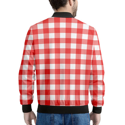 Red And White Buffalo Check Print Men's Bomber Jacket