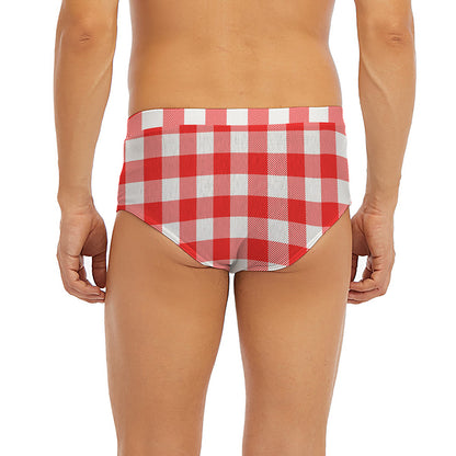 Red And White Buffalo Check Print Men's Briefs