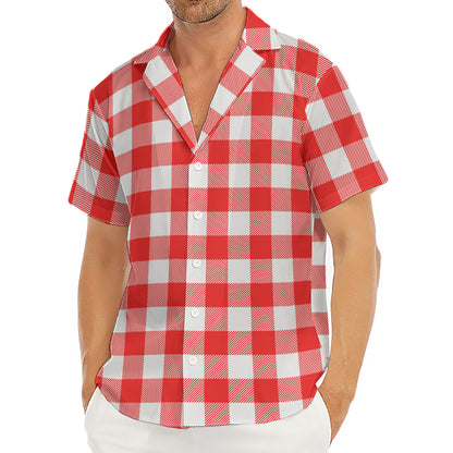 Red And White Buffalo Check Print Men's Deep V-Neck Shirt