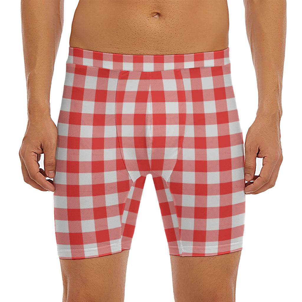 Red And White Buffalo Check Print Men's Long Boxer Briefs