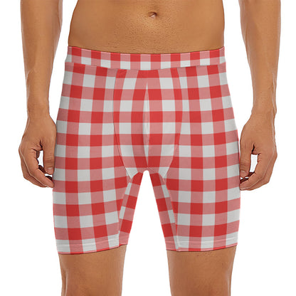 Red And White Buffalo Check Print Men's Long Boxer Briefs