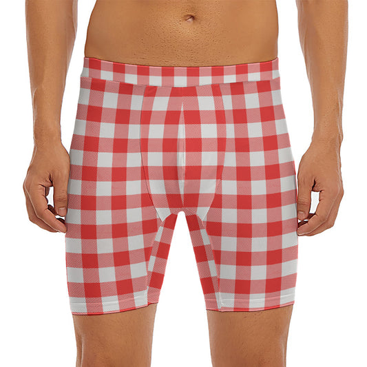 Red And White Buffalo Check Print Men's Long Boxer Briefs