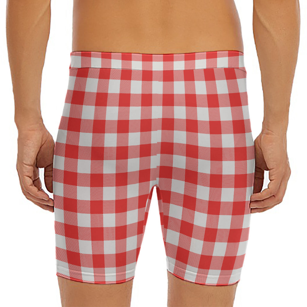 Red And White Buffalo Check Print Men's Long Boxer Briefs
