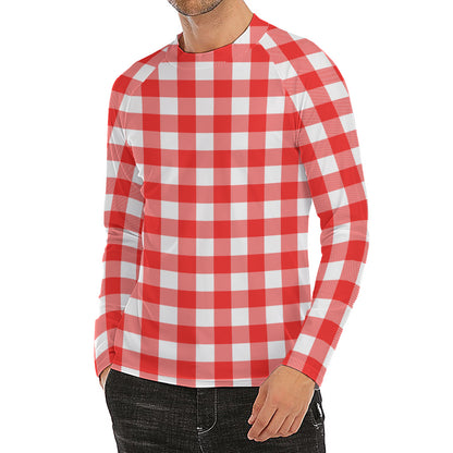 Red And White Buffalo Check Print Men's Long Sleeve Rash Guard