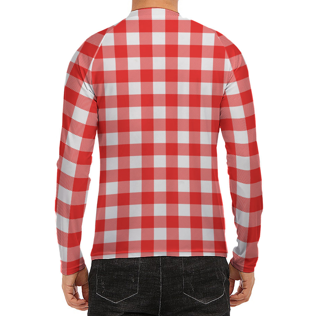 Red And White Buffalo Check Print Men's Long Sleeve Rash Guard