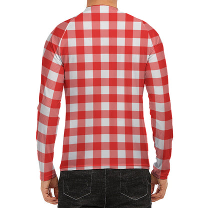 Red And White Buffalo Check Print Men's Long Sleeve Rash Guard