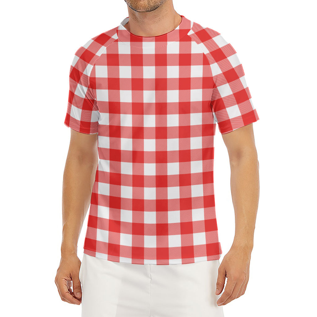 Red And White Buffalo Check Print Men's Short Sleeve Rash Guard