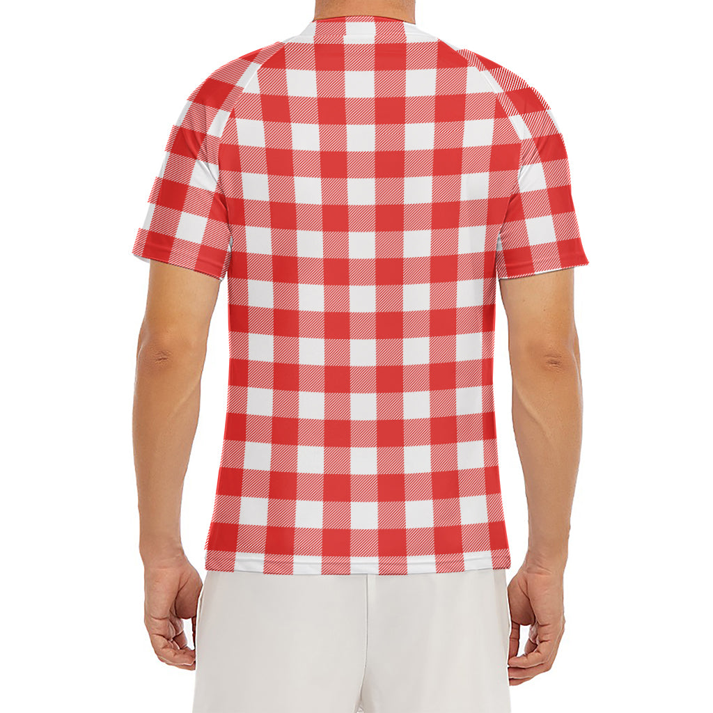Red And White Buffalo Check Print Men's Short Sleeve Rash Guard