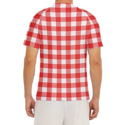 Red And White Buffalo Check Print Men's Short Sleeve Rash Guard