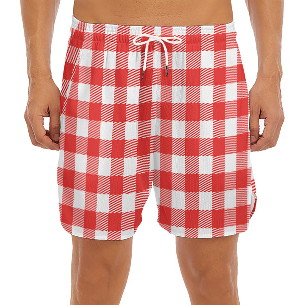 Red And White Buffalo Check Print Men's Split Running Shorts