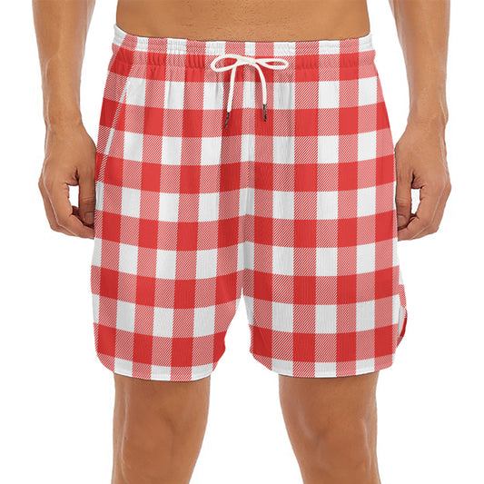 Red And White Buffalo Check Print Men's Split Running Shorts