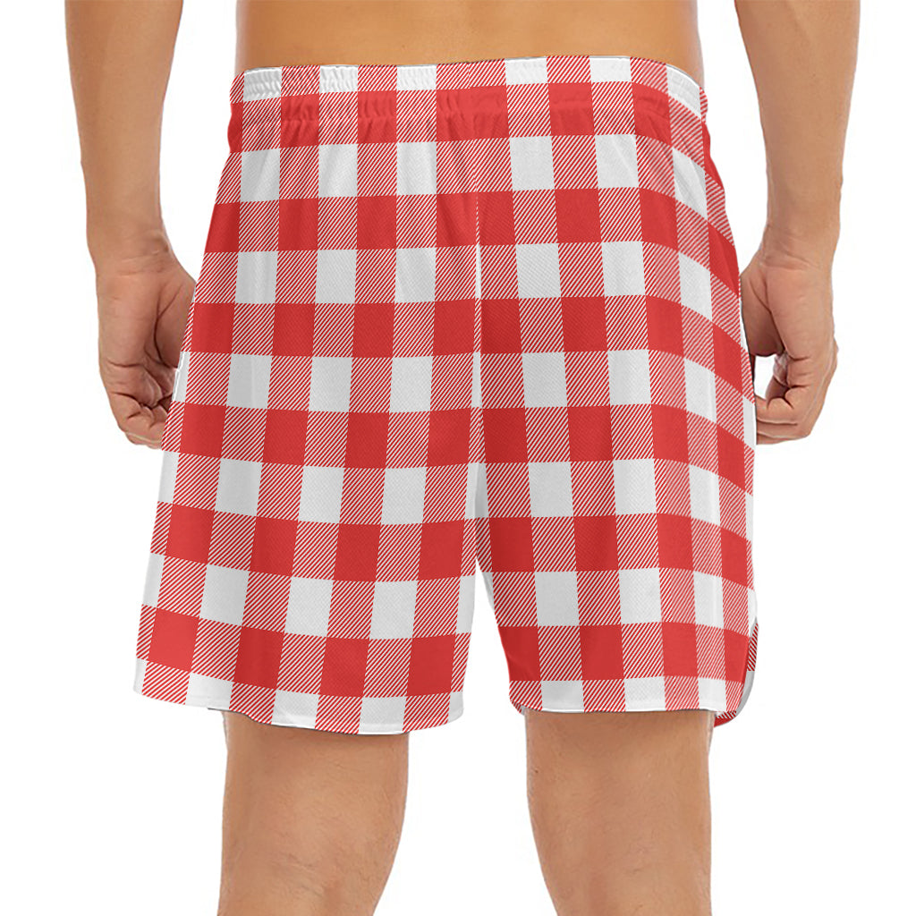 Red And White Buffalo Check Print Men's Split Running Shorts