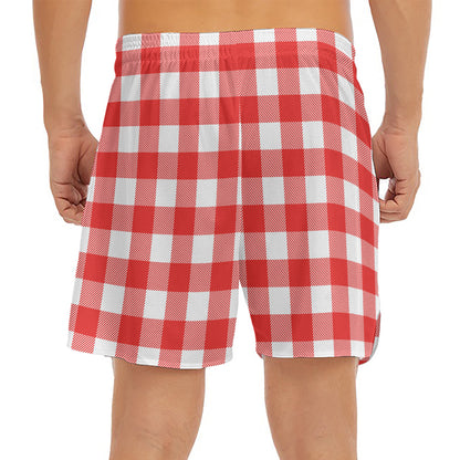 Red And White Buffalo Check Print Men's Split Running Shorts