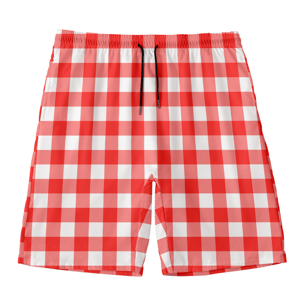 Red And White Buffalo Check Print Men's Swim Trunks