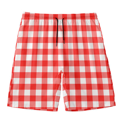 Red And White Buffalo Check Print Men's Swim Trunks
