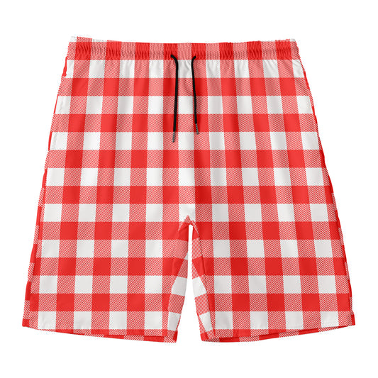 Red And White Buffalo Check Print Men's Swim Trunks