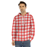 Red And White Buffalo Check Print Men's Velvet Pullover Hoodie