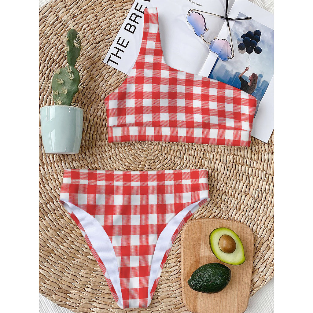 Red And White Buffalo Check Print One Shoulder Bikini Top