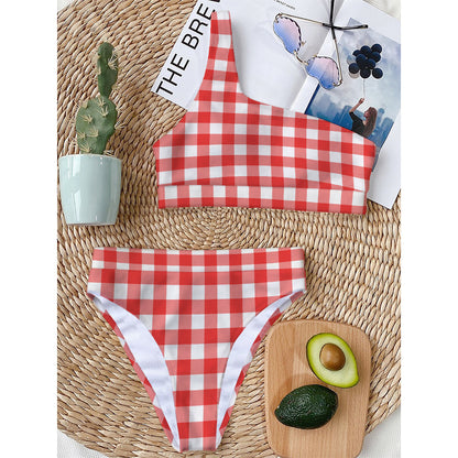 Red And White Buffalo Check Print One Shoulder Bikini Top