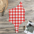 Red And White Buffalo Check Print One Shoulder Bodysuit