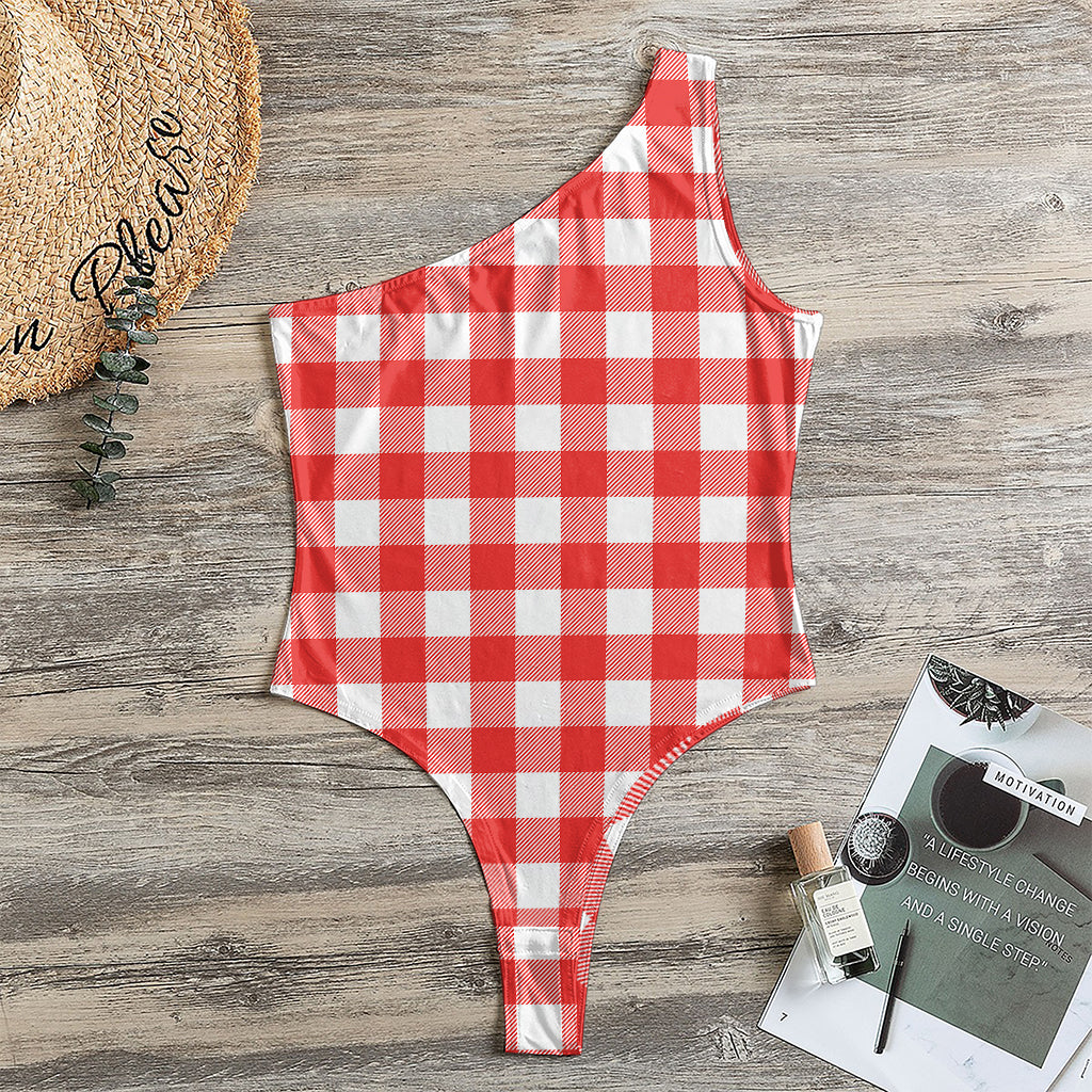 Red And White Buffalo Check Print One Shoulder Bodysuit