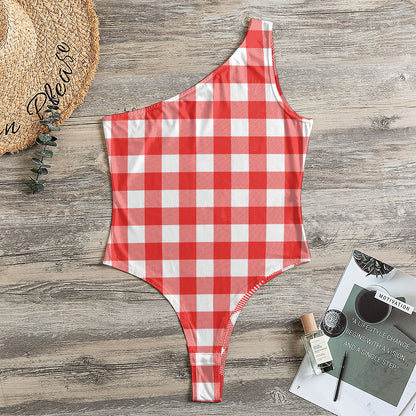 Red And White Buffalo Check Print One Shoulder Bodysuit