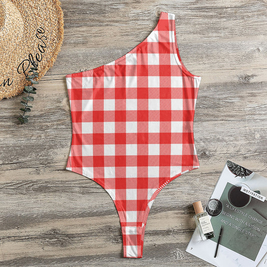 Red And White Buffalo Check Print One Shoulder Bodysuit
