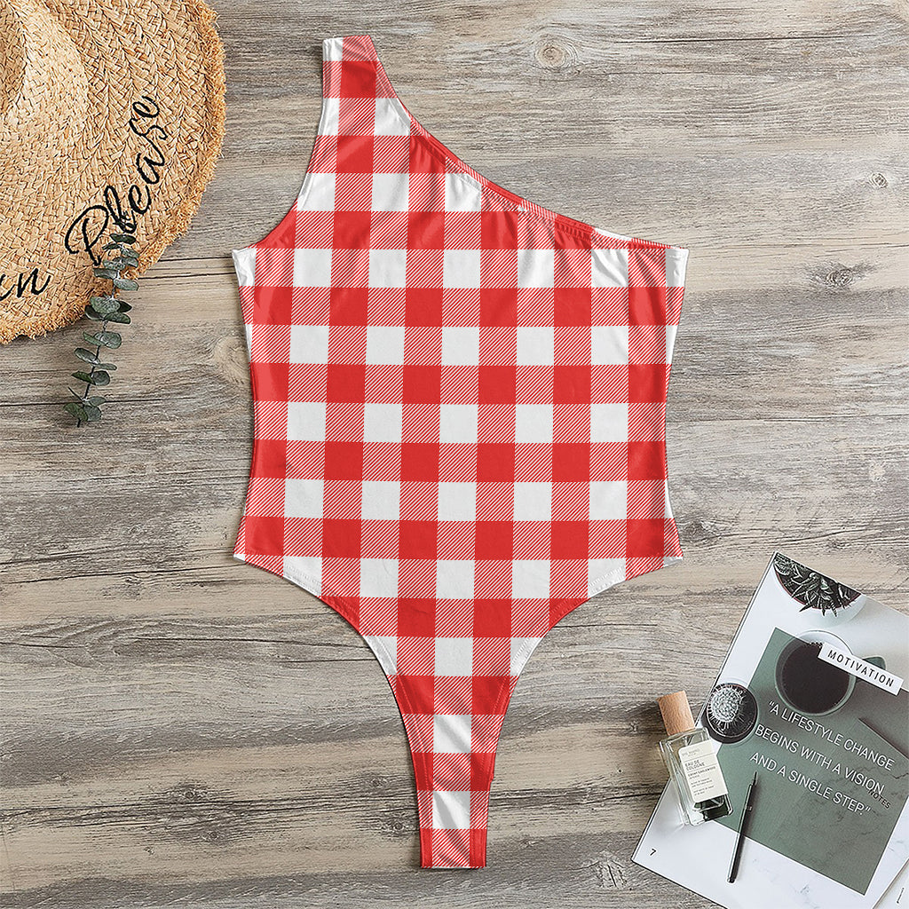 Red And White Buffalo Check Print One Shoulder Bodysuit