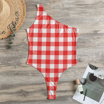 Red And White Buffalo Check Print One Shoulder Bodysuit