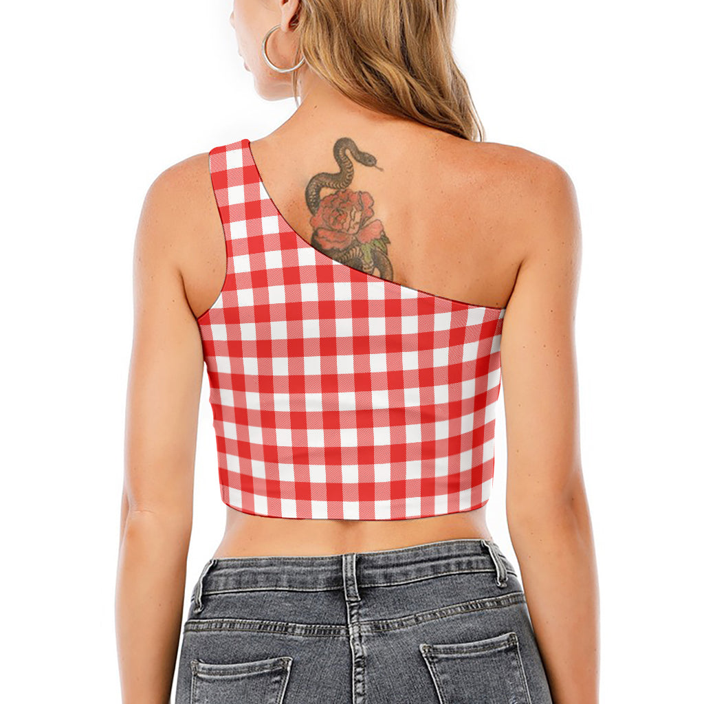 Red And White Buffalo Check Print One Shoulder Crop Top