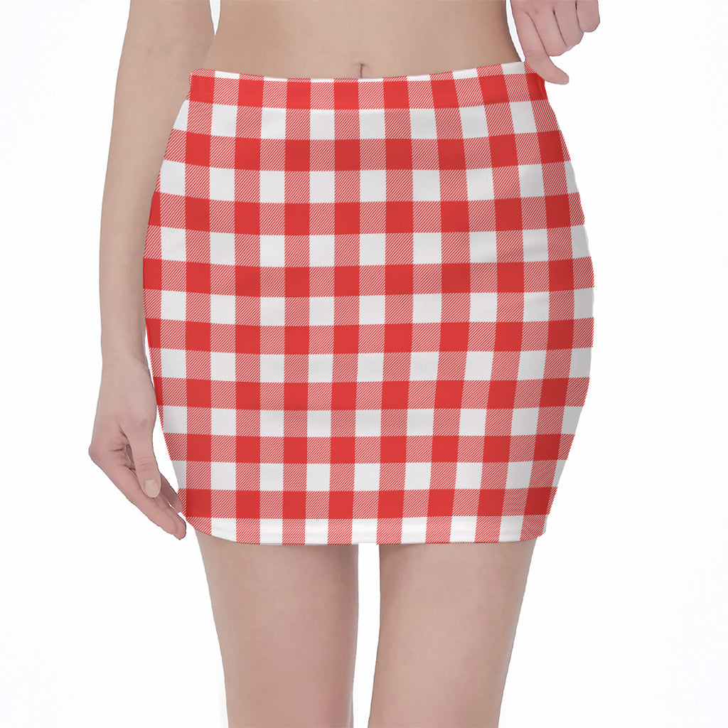 Red And White Buffalo Check Print Pencil Mini Skirt