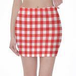 Red And White Buffalo Check Print Pencil Mini Skirt