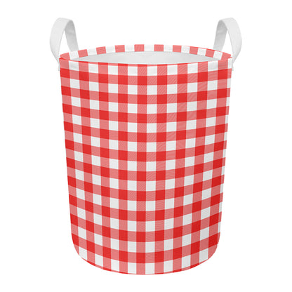 Red And White Buffalo Check Print Round Laundry Basket