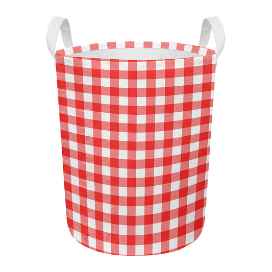 Red And White Buffalo Check Print Round Laundry Basket