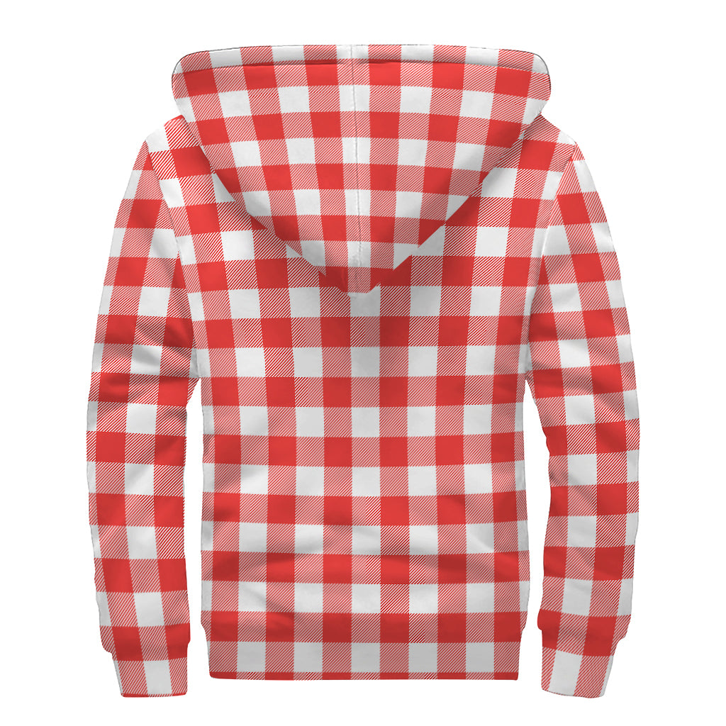 Red And White Buffalo Check Print Sherpa Lined Zip Up Hoodie
