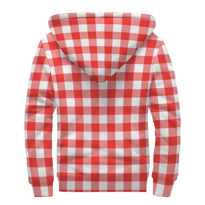 Red And White Buffalo Check Print Sherpa Lined Zip Up Hoodie