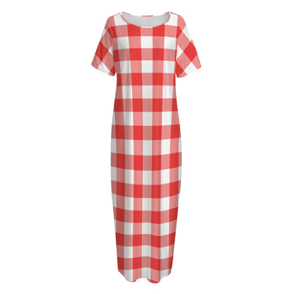 Red And White Buffalo Check Print Short Sleeve Long Nightdress