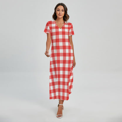 Red And White Buffalo Check Print Short Sleeve Maxi Dress