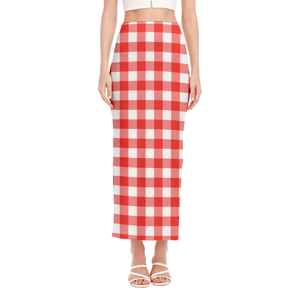 Red And White Buffalo Check Print Side Slit Maxi Skirt