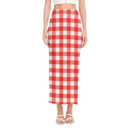 Red And White Buffalo Check Print Side Slit Maxi Skirt